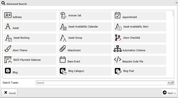 Advanced Search Select Object Type