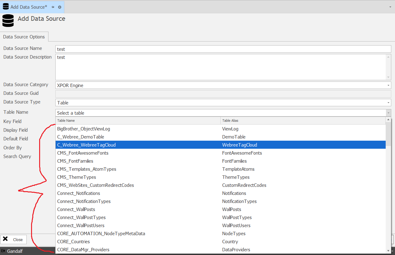 Data Source type Table name