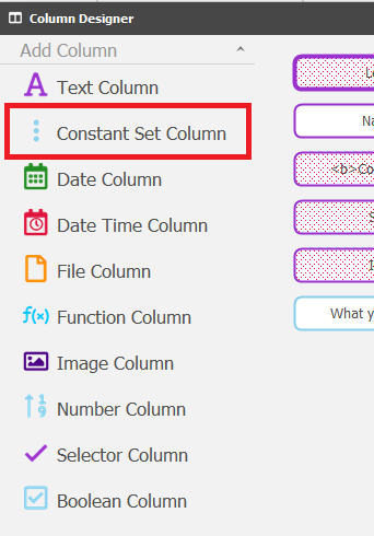 Selecting the Constant Set Column option