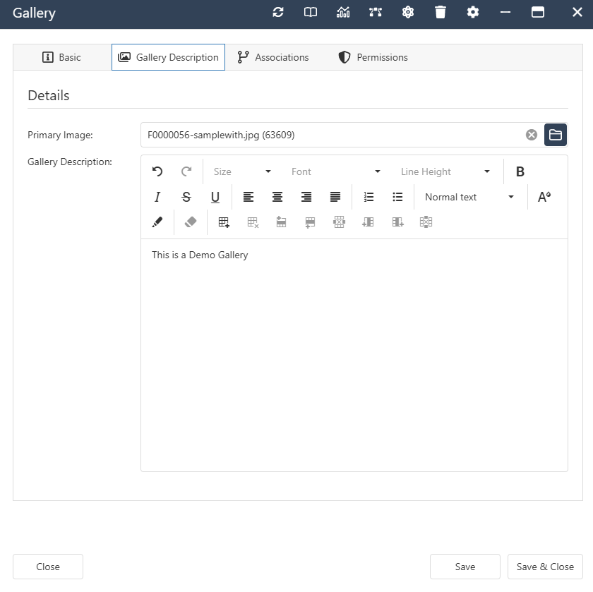 The interface form for a Photo Gallery