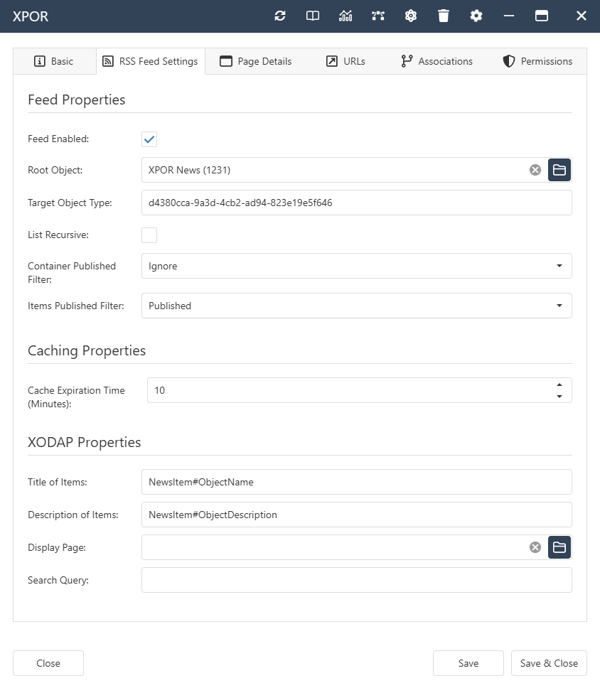 The interface form for a RSS Feed