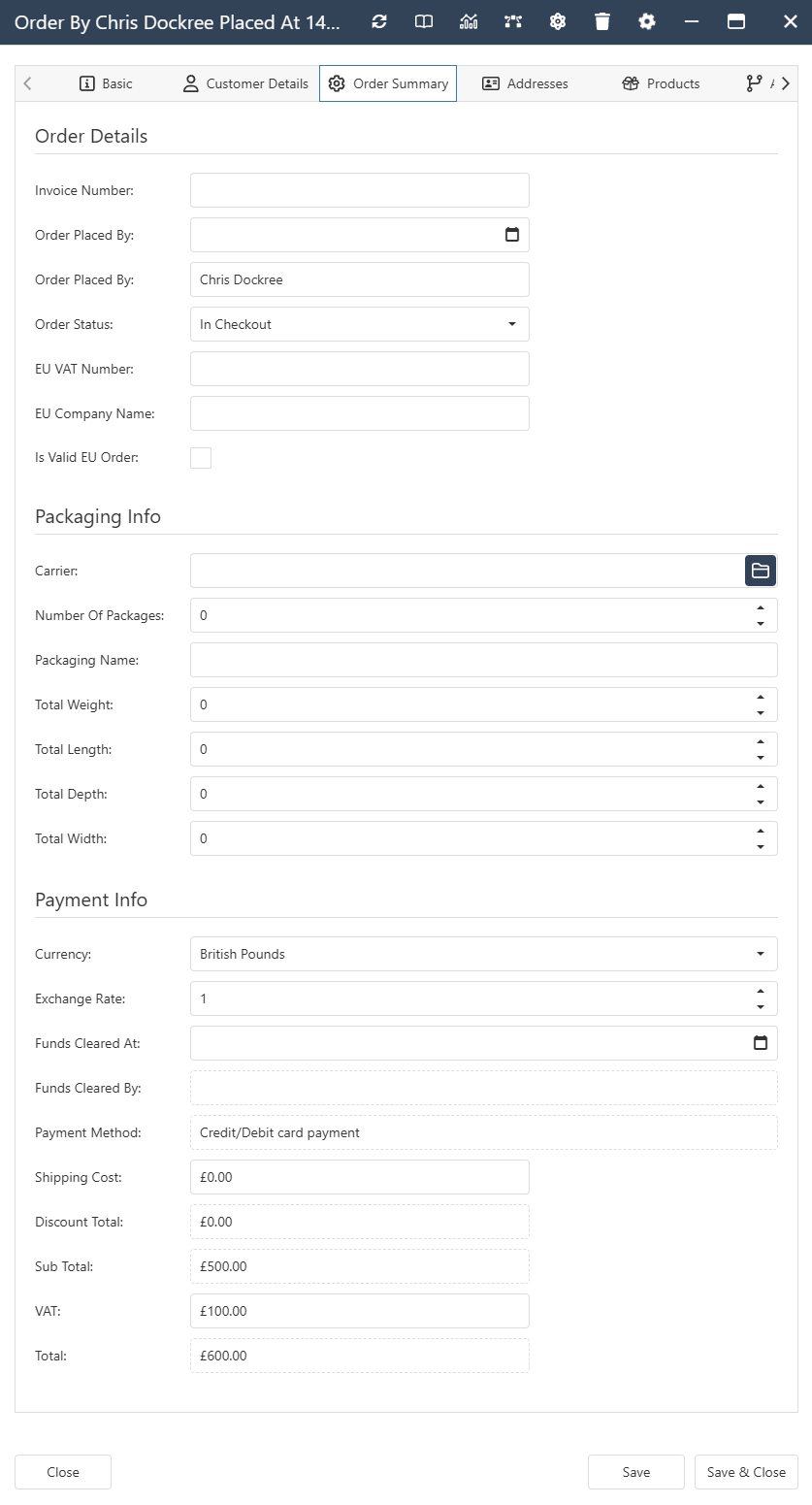 The interface form for an Order