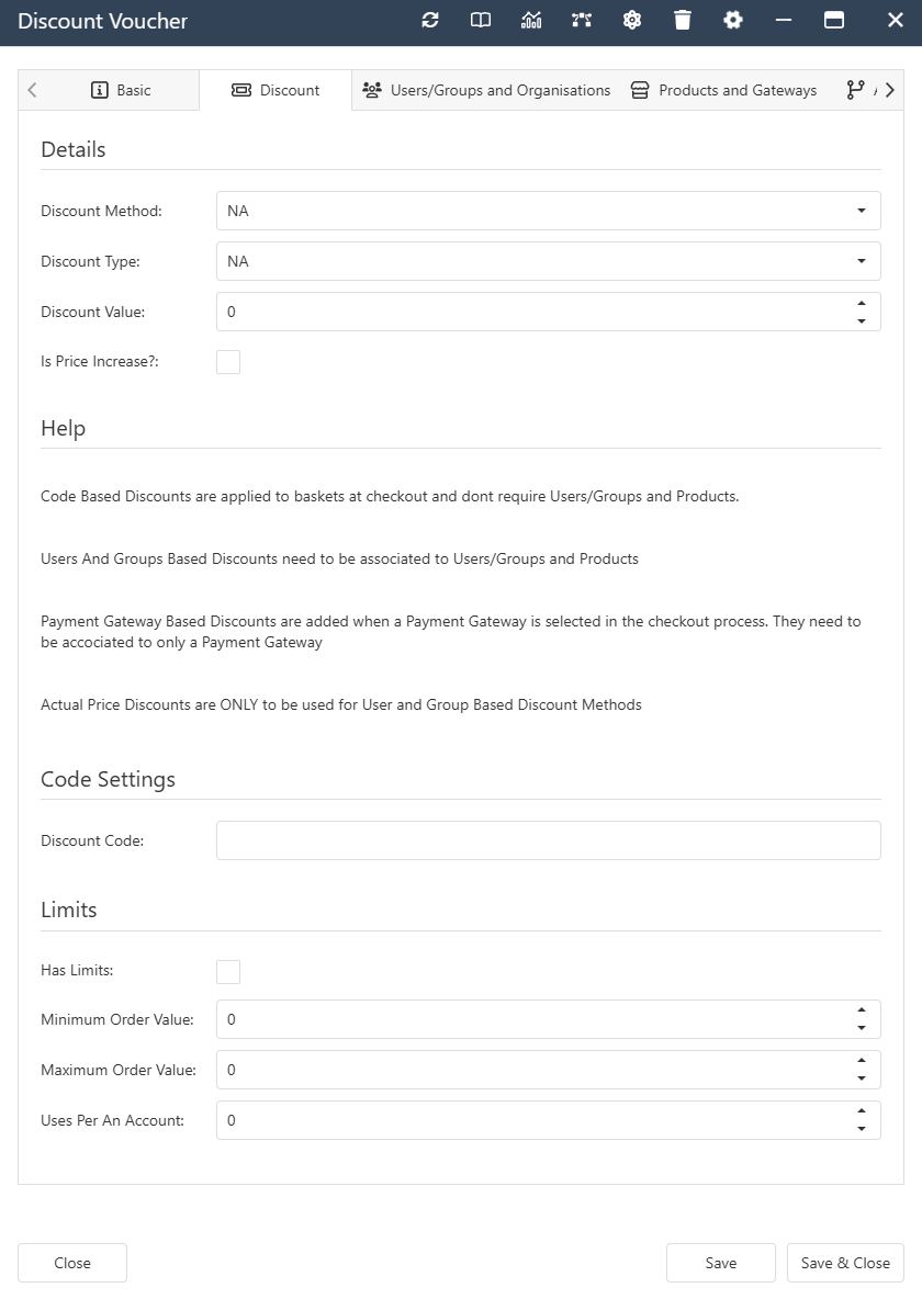 The interface form for a Discount Voucher