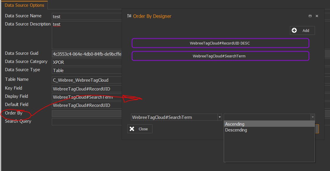 XPOR Data source Order by designer