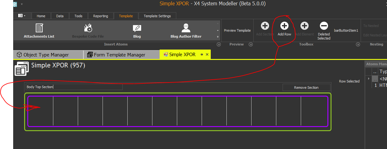 Template Designer Section and Row