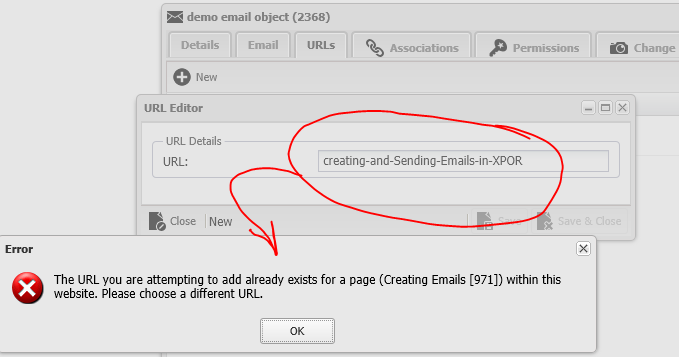 Email URL duplicate error
