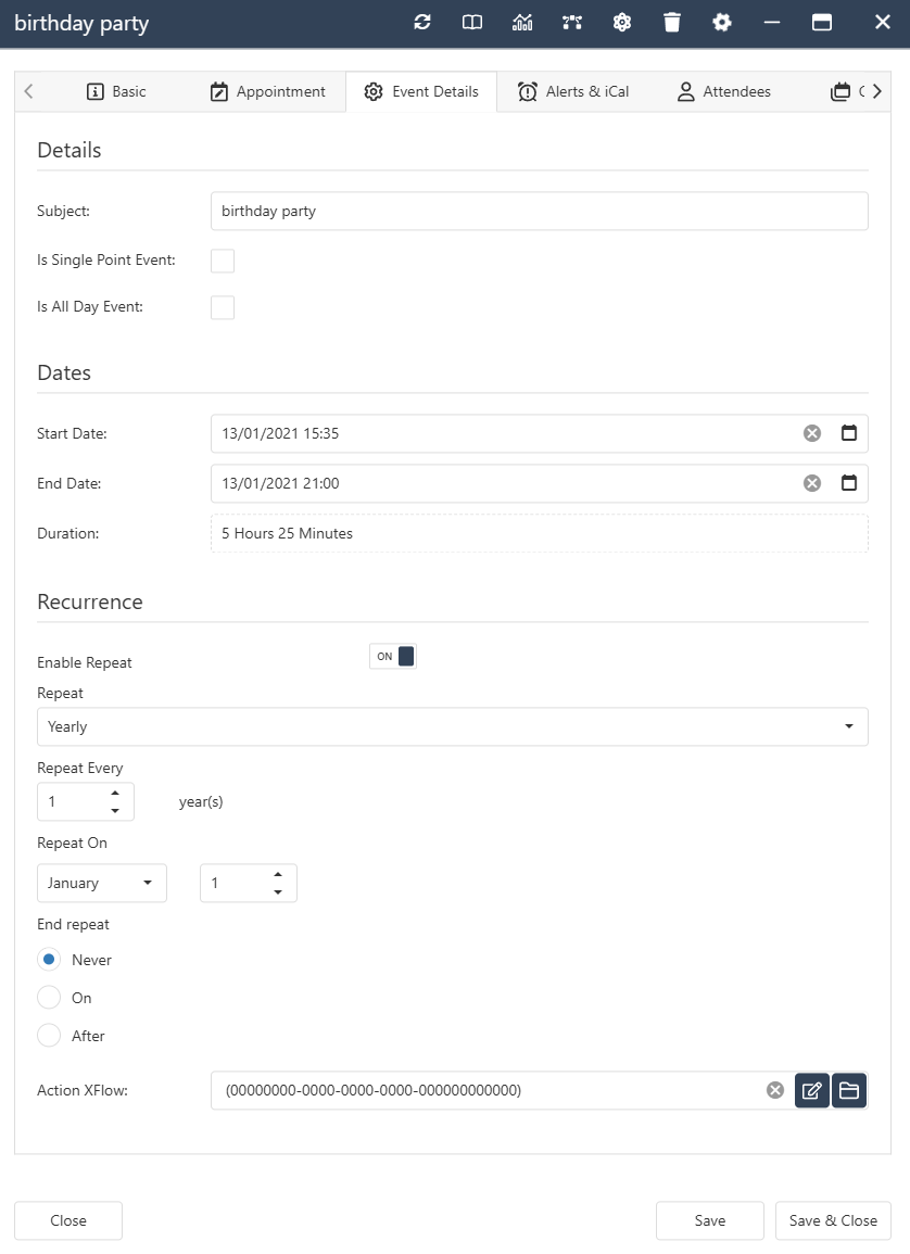 The interface form for a Base Event