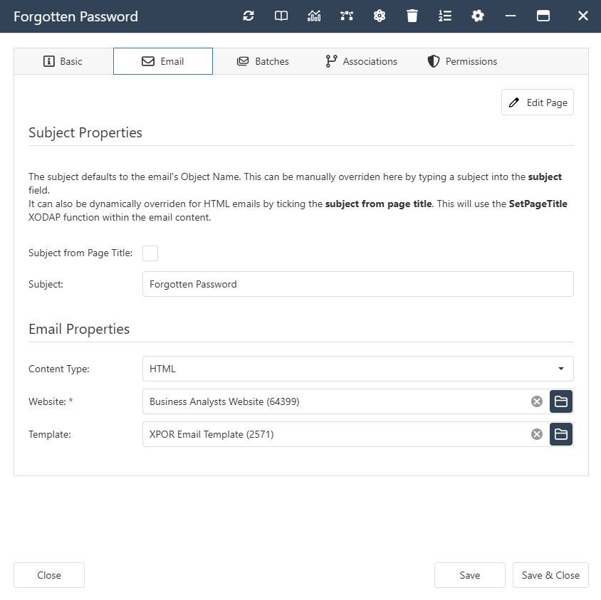 The interface form for an Email