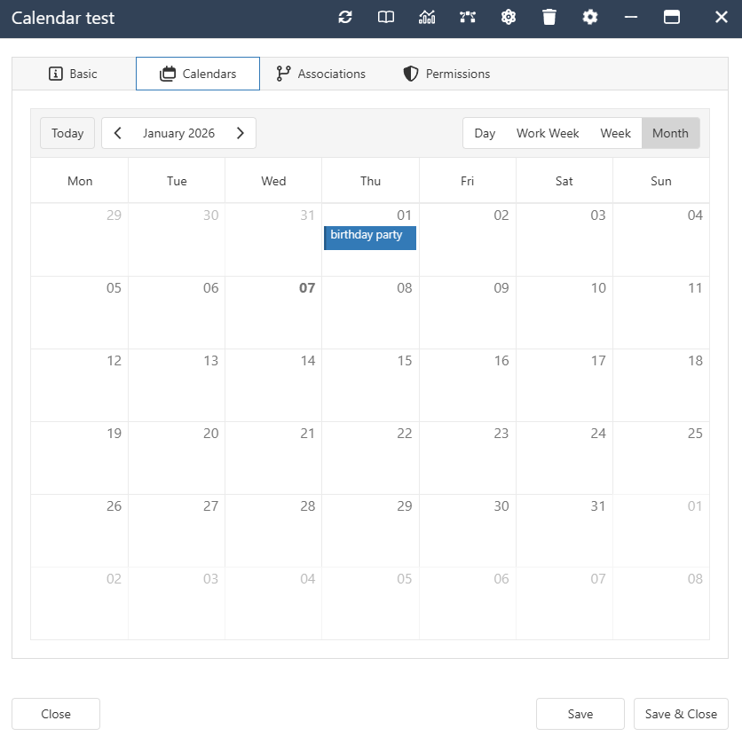 The interface form for a Calendar Set