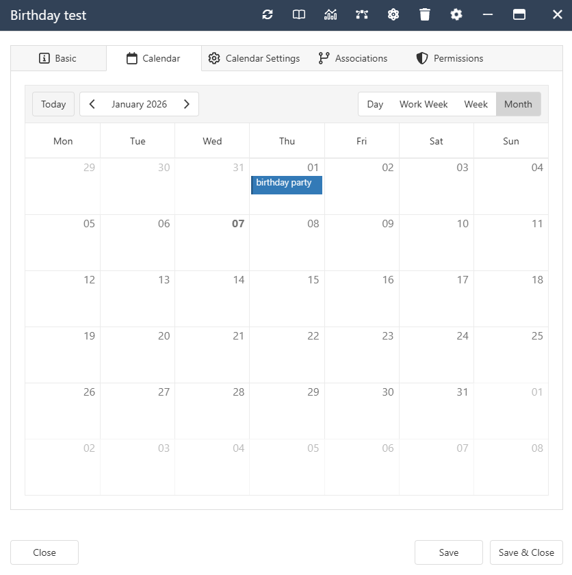 The interface form for a Calendar
