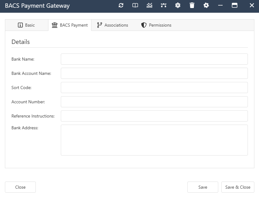 The interface form for a BACS Payment Gateway