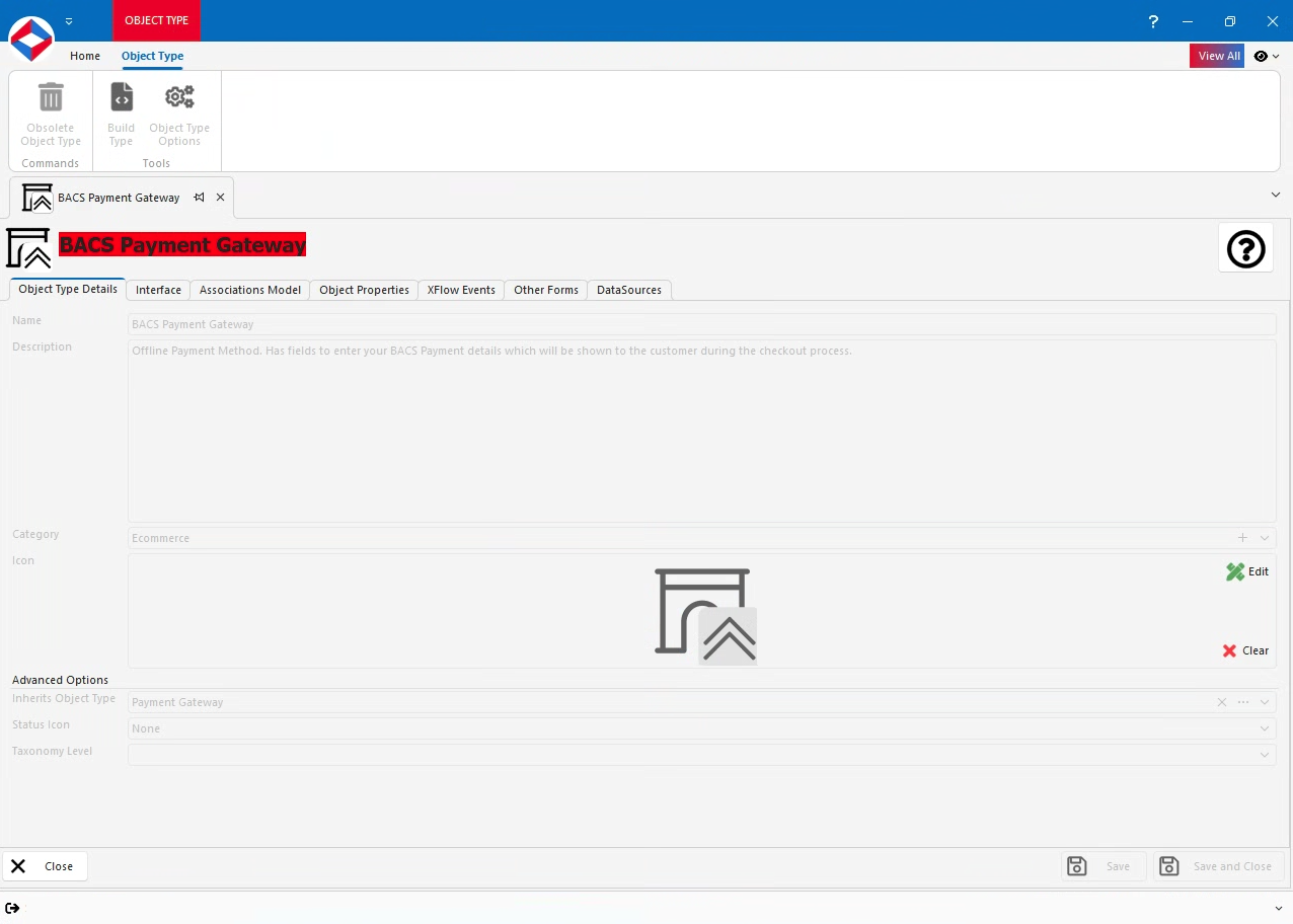Editing a BACS Payment Gateway in XPOR System Modeller