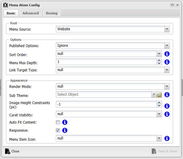 Menu Atom Configuration Basic Tab