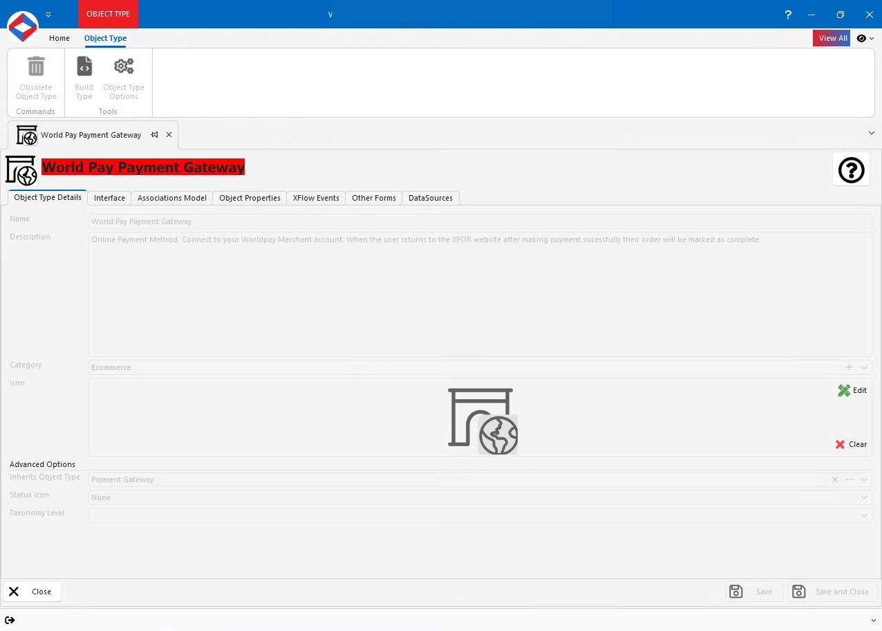 Editing a World Pay Payment Gateway in XPOR System Modeller