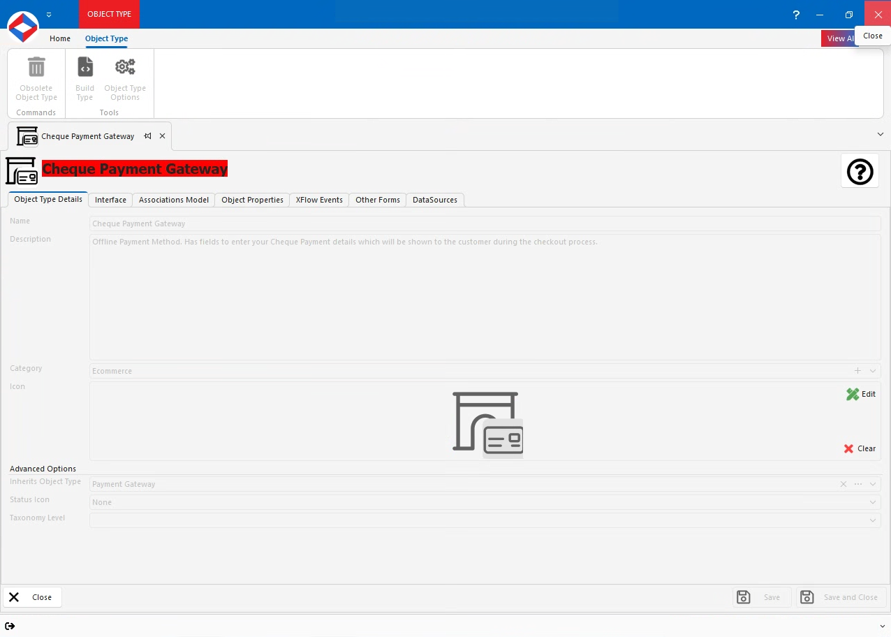 Editing a Cheque Payment Gateway in XPOR System Modeller