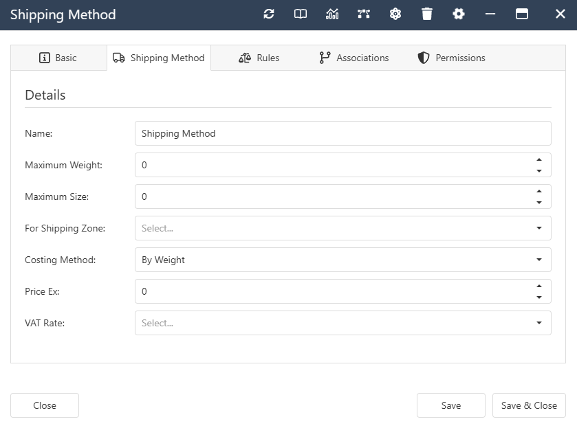 The interface form for a Shipping Method