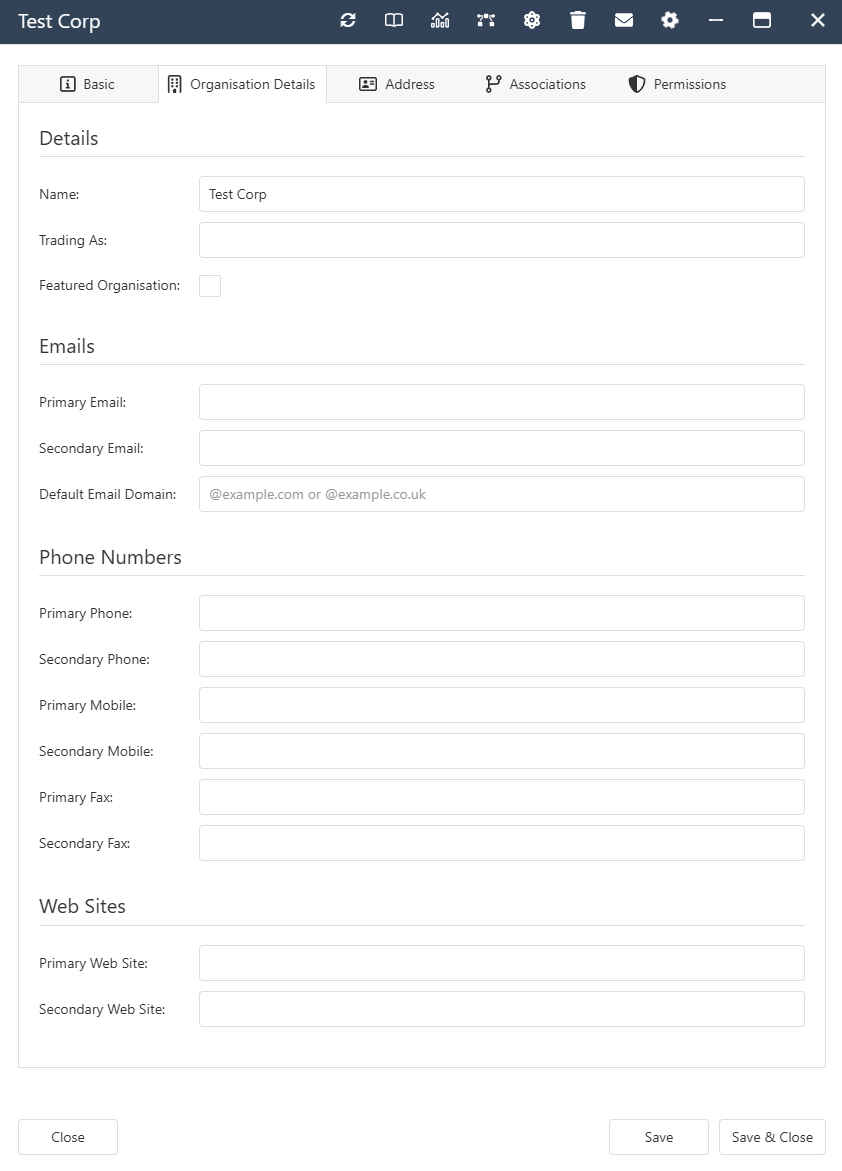 The interface form for an Organisation
