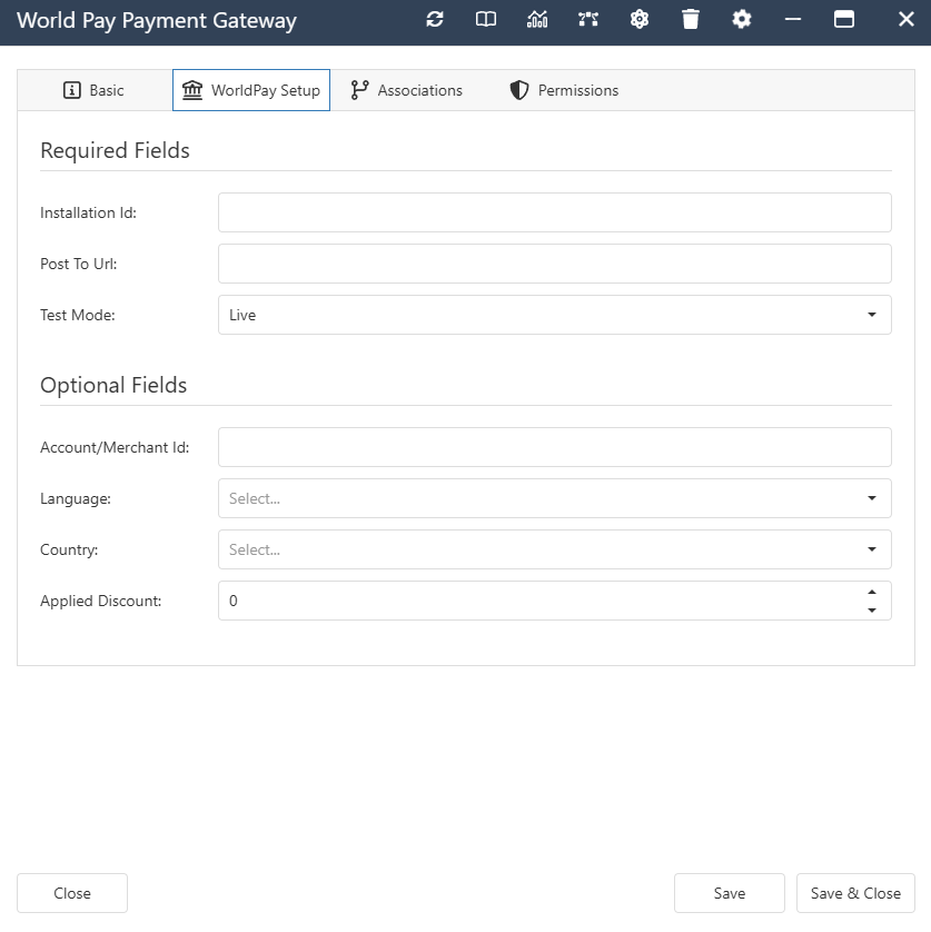The interface form for a World Pay Payment Gateway
