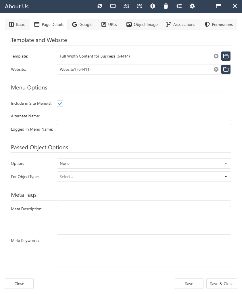 The interface form for a Web Page