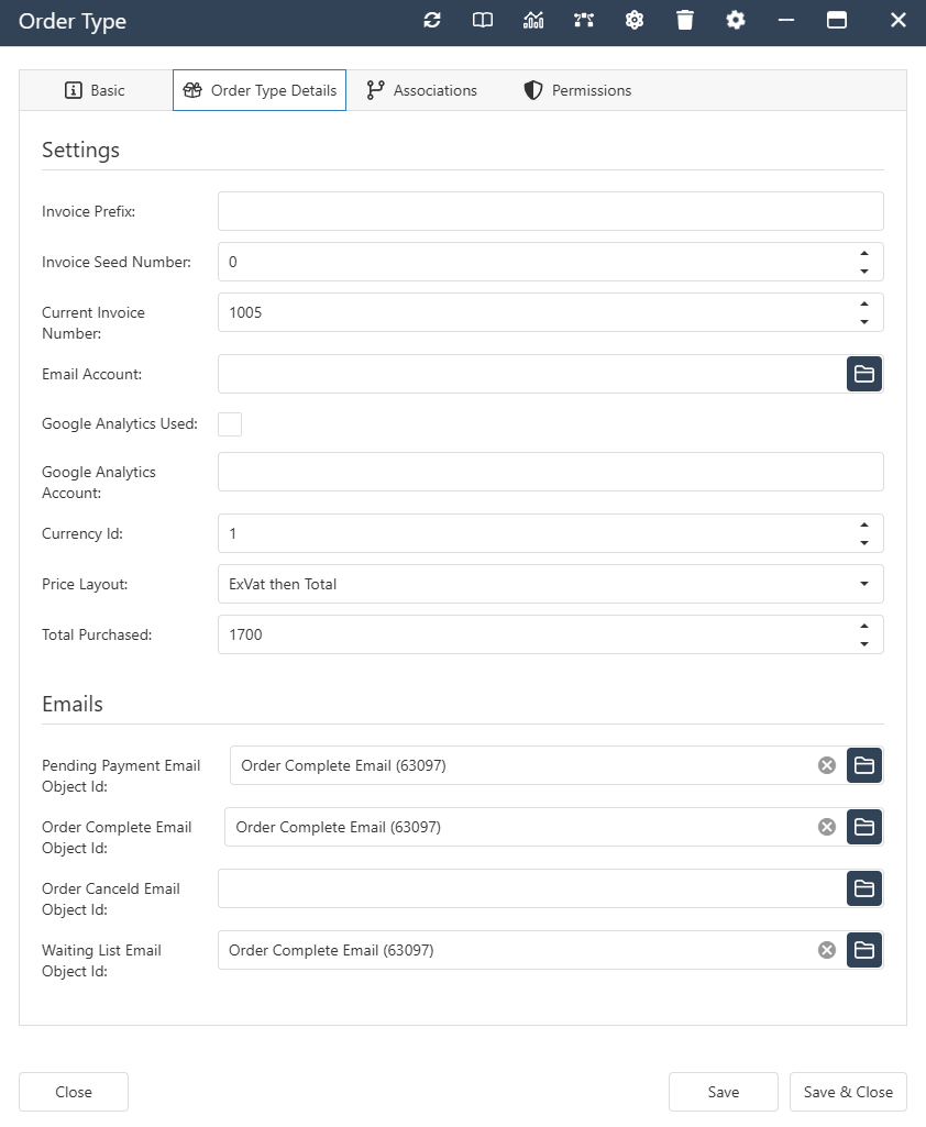 The interface form for an Order Type