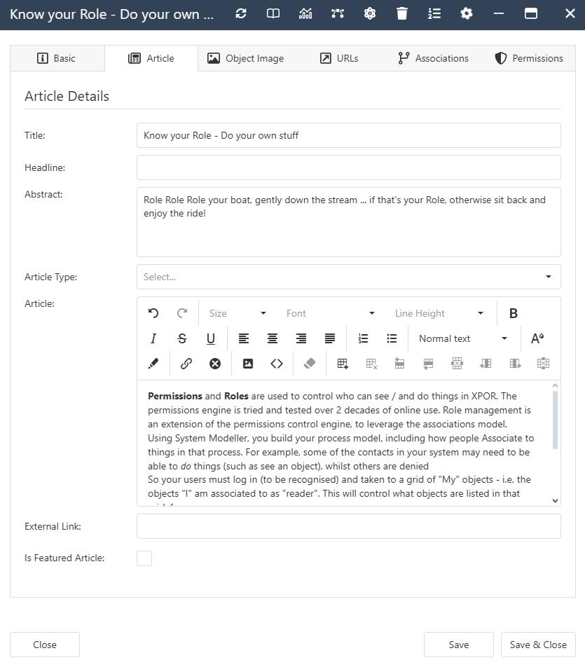 The interface form for a News Item