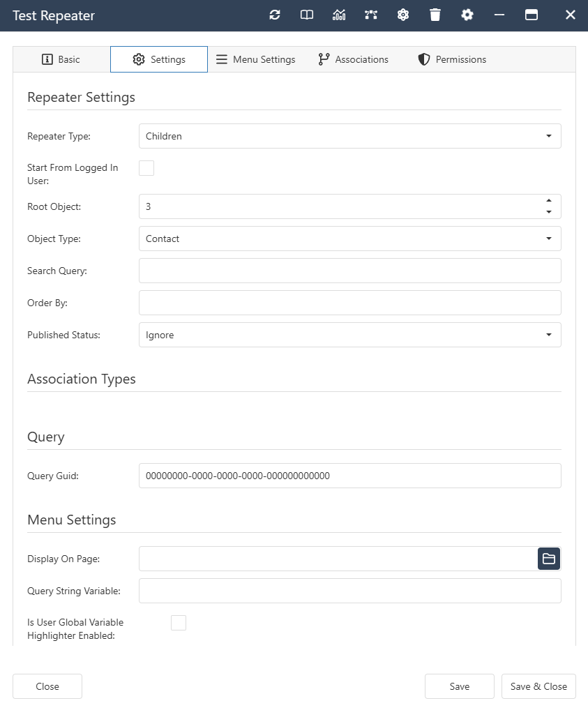 The interface form for a Menu Repeater