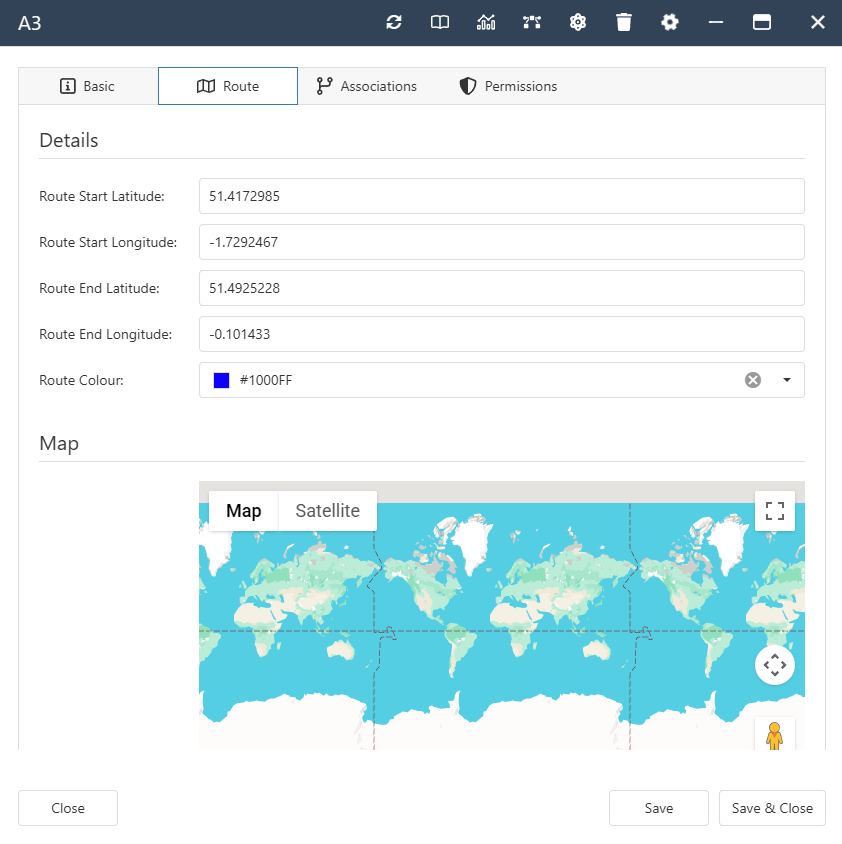 The interface form for a Map Route